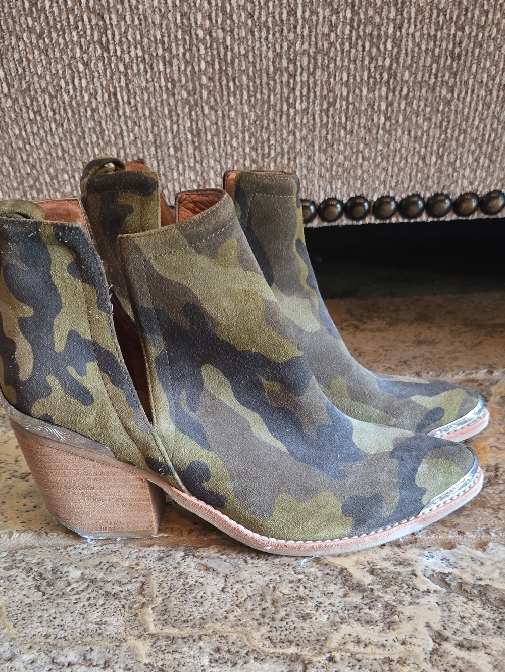 Camo Suede Ankle Boots - Women's Green Camouflage  Heel